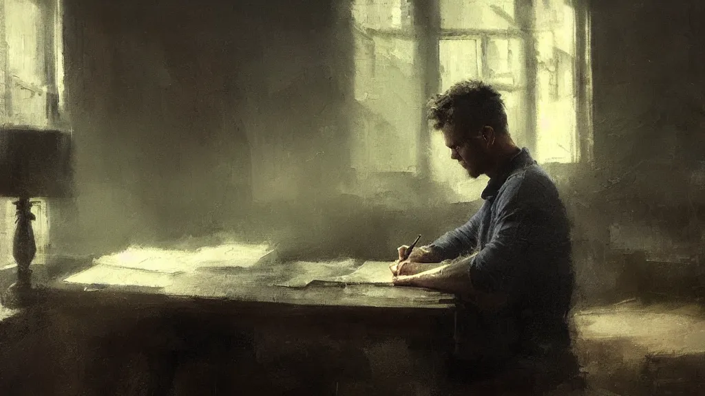 Prompt: a painting of jeremy mann, a close up view of a young man writing on desk, dramatic vignette, dramatic lighting, afternoon dim light, dreamy, misty, desaturated, ominous, depressing, unsettling, creepy