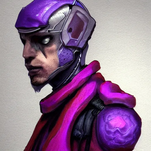 Image similar to character design sketch humanoid by ahmet atil akar, profile portrait, cyberpunk street goon, concept art character, cyberpunk fashion, with body made of purple lava and fire, marvelous designer, fantasy, painted, 4 k, high detail, sharp focus, trending in artstation