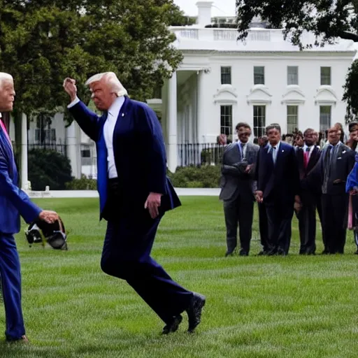 Image similar to trump puts biden in a headlock on the white house lawn