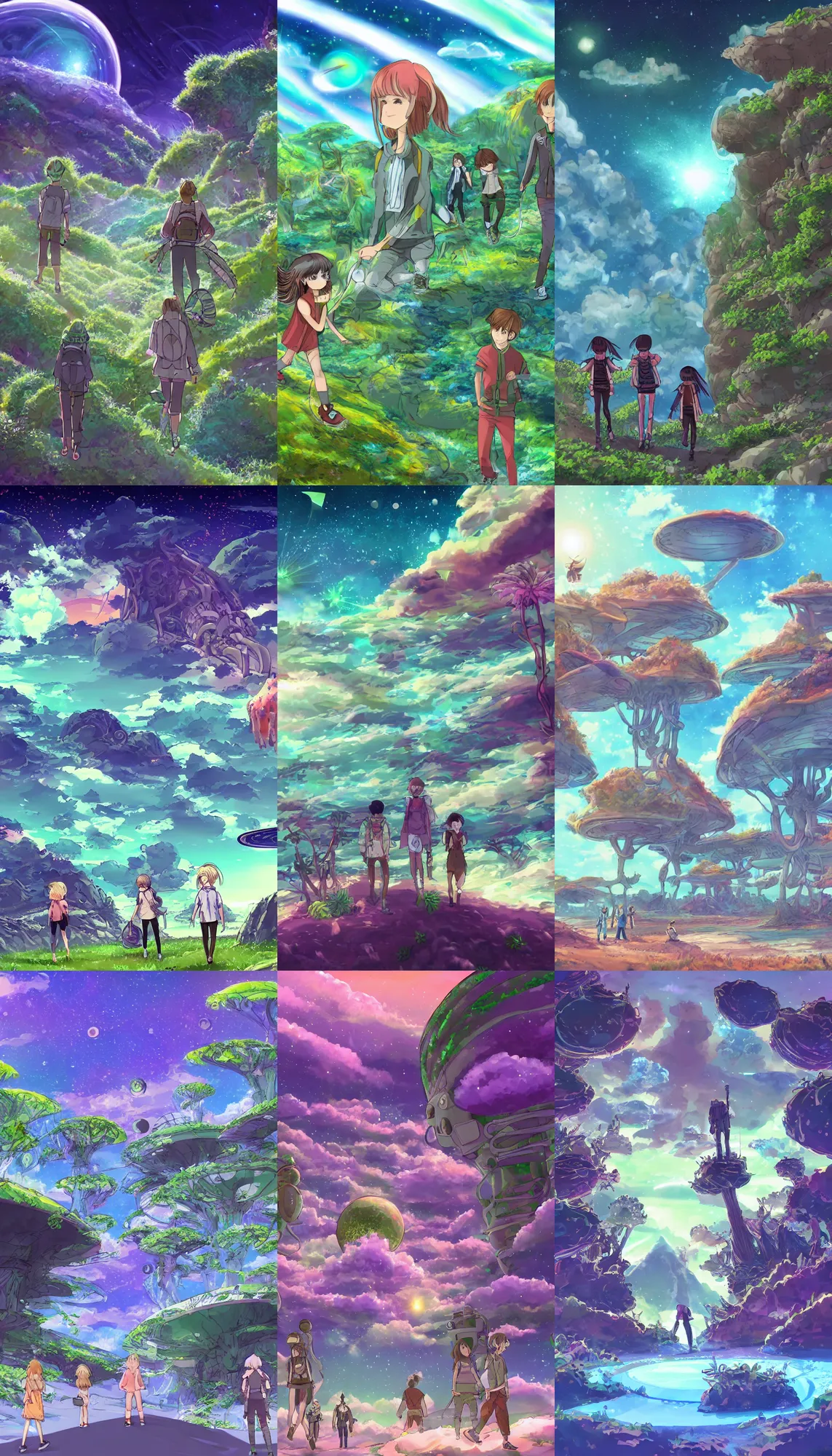 Prompt: adventurors walking on a alien planet with alien plants and animals and a giant galaxy appearing in the sky, digital art anime style
