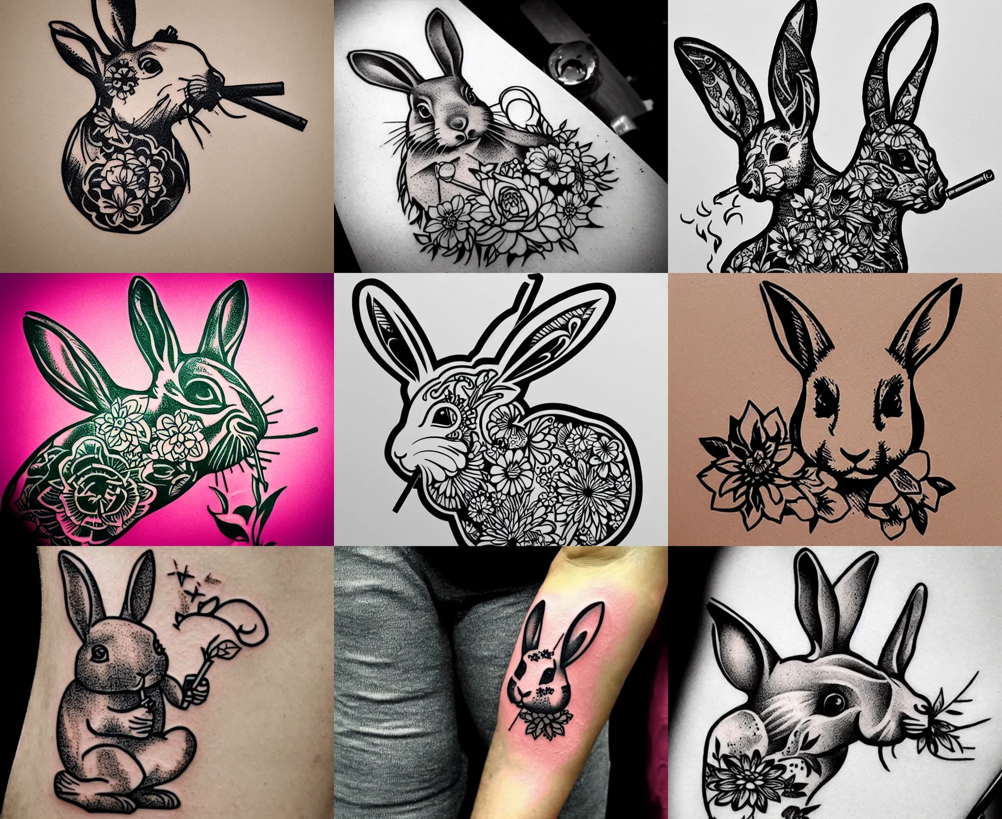 well - detailed tattoo stencil of a floral rabbit, Stable Diffusion