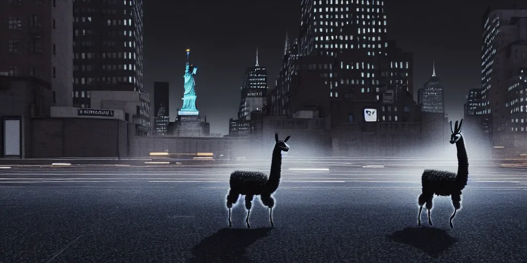 Image similar to a llama walking through a desolate manhattan city street at night, statue of liberty seen in the background, realistic 4 k octane beautifully detailed render, 4 k post - processing, highly detailed, detailed face, intricate complexity, epic composition, magical atmosphere, cinematic lighting, masterpiece, color picture, ultra hd