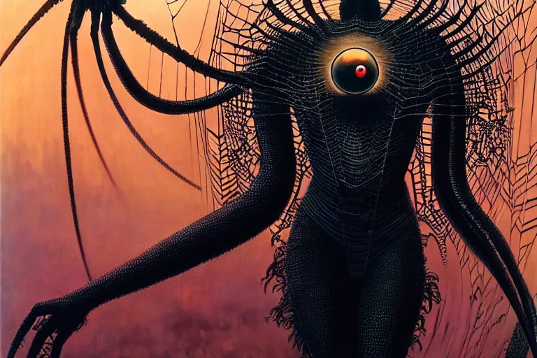 Image similar to realistic detailed portrait movie shot of a beautiful black woman with a giant spider, dystopian city landscape background by denis villeneuve, amano, yves tanguy, alphonse mucha, max ernst, kehinde wiley, jean delville, david lynch, roger dean, cyber necklace, rich moody colours, sci fi patterns, dramatic, wide angle