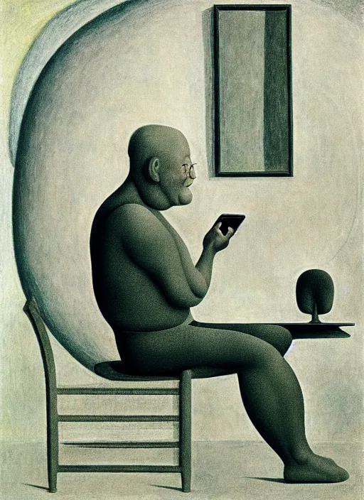 Image similar to man sitting on chair looking at his smartphone, hysterical, sweat, fat, frustrated, art by gertrude abercrombie hans bellmer and william blake