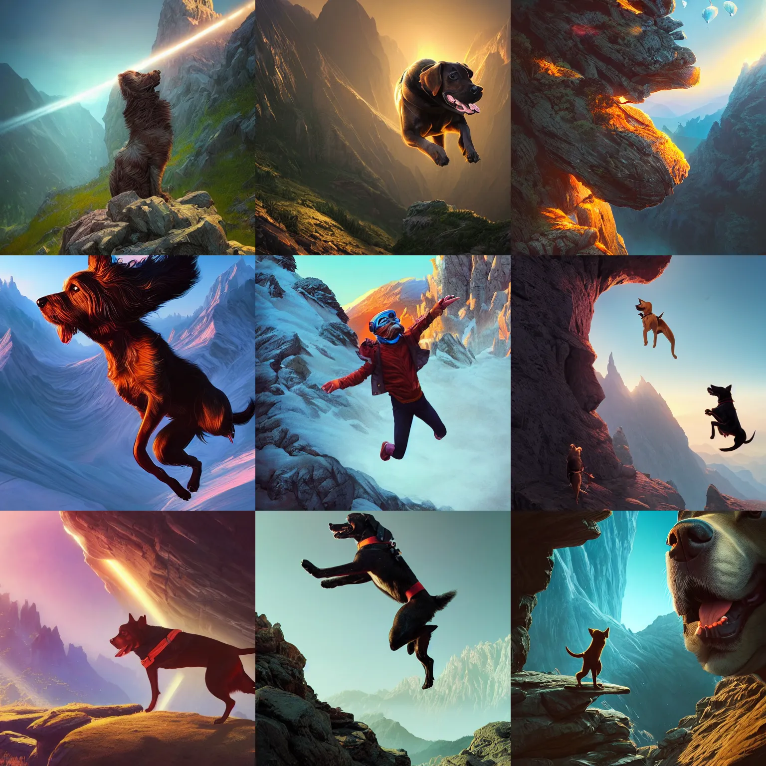 Prompt: dog jumps from mountain, intricate, epic lighting, cinematic composition, hyper realistic, 8 k resolution, unreal engine 5, by artgerm, tooth wu, dan mumford, beeple, wlop, rossdraws, james jean, marc simonetti, artstation