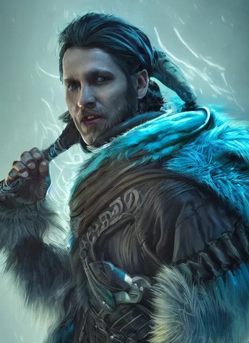 Image similar to A striking epic hyper real portrait painting of hexblade warlock, teal electricity, male, shaggy silver hair, short beard, 4k, 8k, Apex Legends Concept Art, D&D Concept Art, unreal 5, DAZ, hyperrealistic, octane render, cosplay, RPG portrait, dynamic lighting