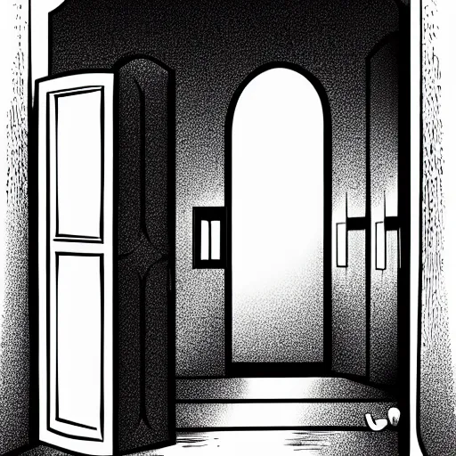 Image similar to storybook illustration of an open wardrobe revealing the entrance to a fantastic world, storybook illustration, monochromatic