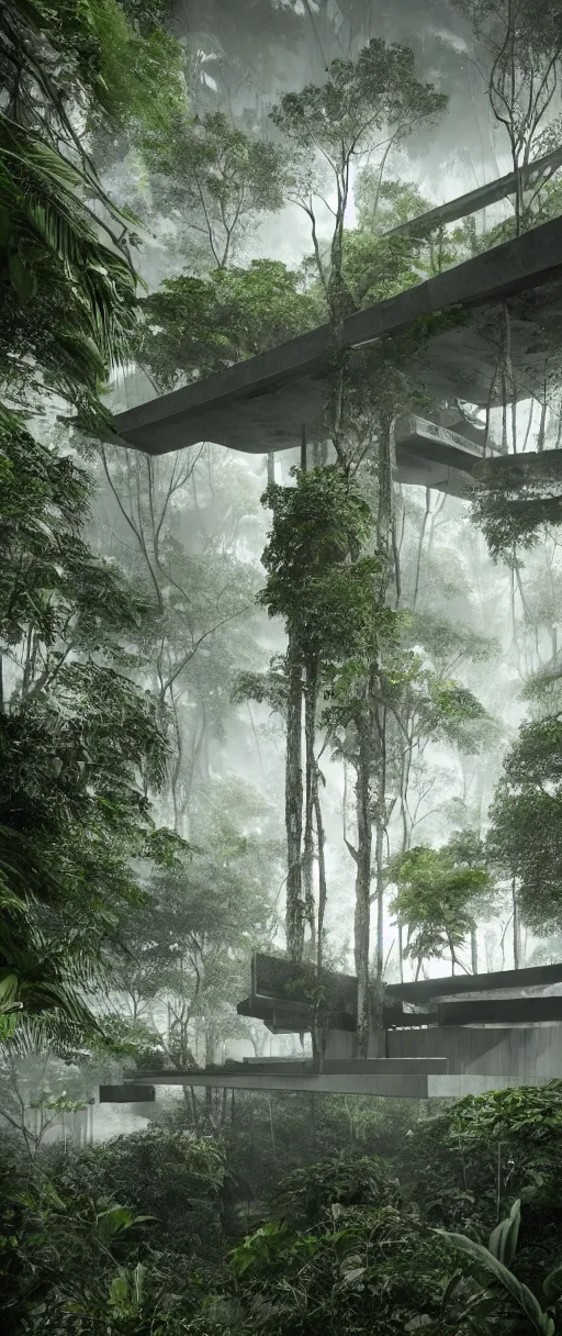 Image similar to architecture inspired by le corbusier in the rainforest. nature is taking over. upside down. metabolism. matte painting. octane render. hdr. volumetric lighting. global illumination. atmospheric. monochrome.