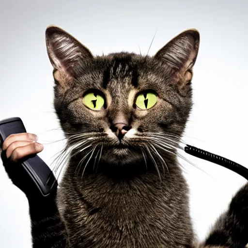 Prompt: photo of an andromorphic cat making an angry telephone call to tec - support