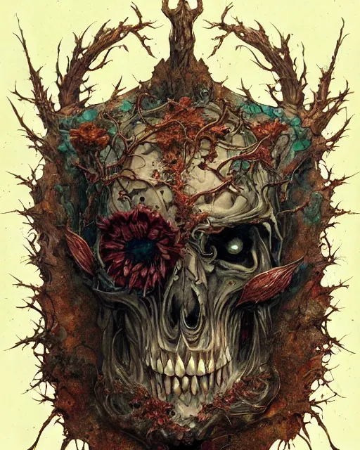 Image similar to perfectly centered portrait front view of a angry dead rotten beautiful broken skull growing ornamentation all around, ornate, detailed, symmetrical, elegant, beautifully soft lit, by wayne barlowe, peter mohrbacher, kelly mckernan