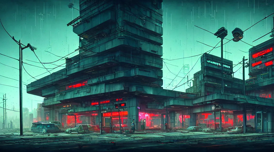 Image similar to post apocalyptic cyberpunk police station, building, avenue, urban architecture, americana architecture, concrete architecture, cloudy sky, paved roads, in the style of simon stalenhag, guido borelli, trending on artstation, photorealistic, wild vegetation, utopian, futuristic, blade runner, vivid colors scheme, neon signs, sharp, clear, focus