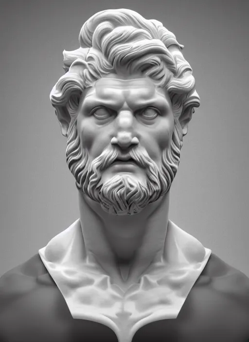 Image similar to stylized carrara marble ornate statue bust made of marble of hercules, perfect symmetrical body, perfect symmetrical face, hyper realistic, hyper detailed, by johannen voss, by michelangelo, octane render, blender, 8 k, displayed in pure white studio room