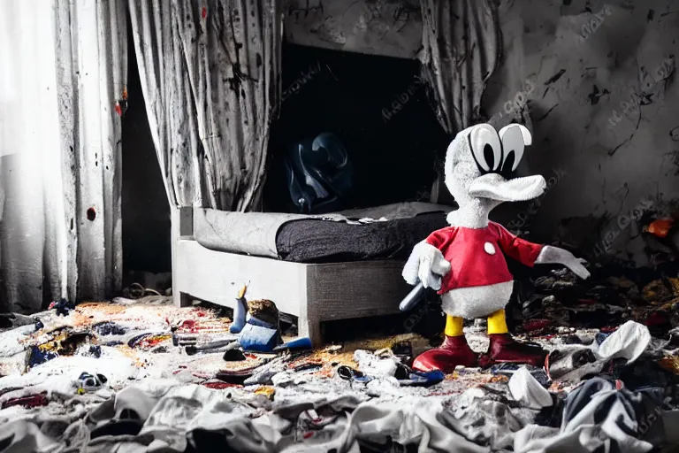 Prompt: donald duck hide in dark corner of dirty messy room, smiling, warm low light, dream core, horror