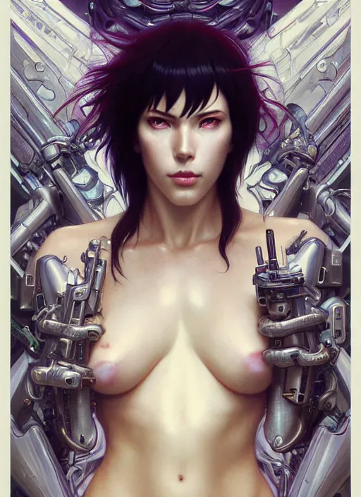 Image similar to ghost in the shell, d & d, wet, shiny, fantasy, intricate, elegant, higly detailed, ultra definition, digital painting, artstation, unreal engine rendered, concept art, smooth, sharp focus, illustration, art by artgerm and greg rutkowski and alphonse mucha and garis edelweiss