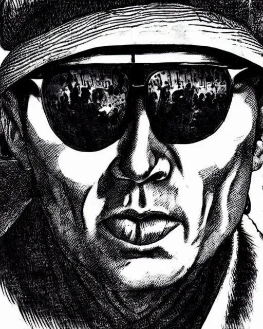 Prompt: Hunter S Thompson drawn by Kentaro Miura, extremely high detail, manga