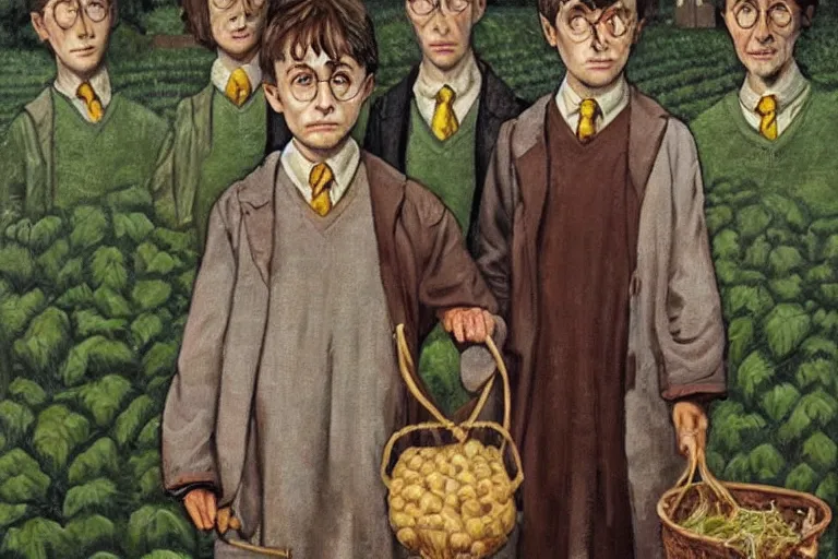 Prompt: Portrait of Harry Potter as a potato farmer in the style of American Gothic, painting, 1960s