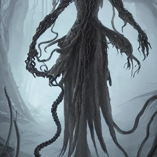 Prompt: concept designs for an ethereal wraith like figure with a squid like parasite latched onto its head and long tentacle arms that flow lazily but gracefully at its sides like a cloak while it floats around a forgotten kingdom in the snow searching for lost souls and that hides amongst the shadows in the trees for the resident evil game franchise with inspiration from the franchise Bloodborne and the mind flayer from stranger things on netflix