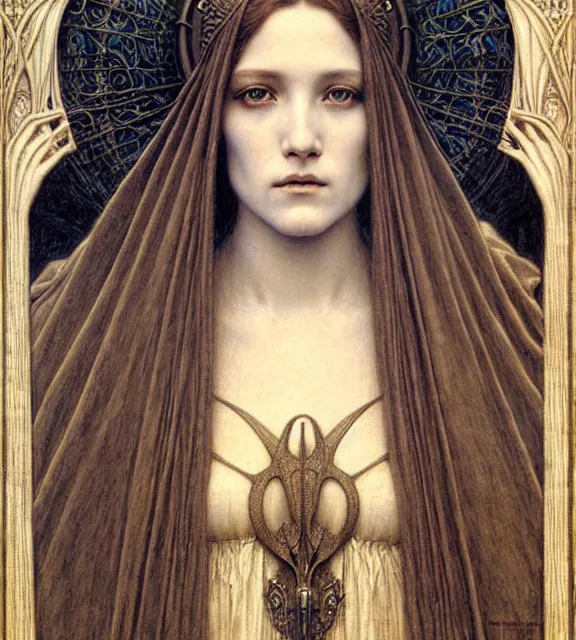 Image similar to detailed realistic beautiful young medieval queen face portrait by jean delville, gustave dore and marco mazzoni, art nouveau, symbolist, visionary, gothic, pre - raphaelite. horizontal symmetry