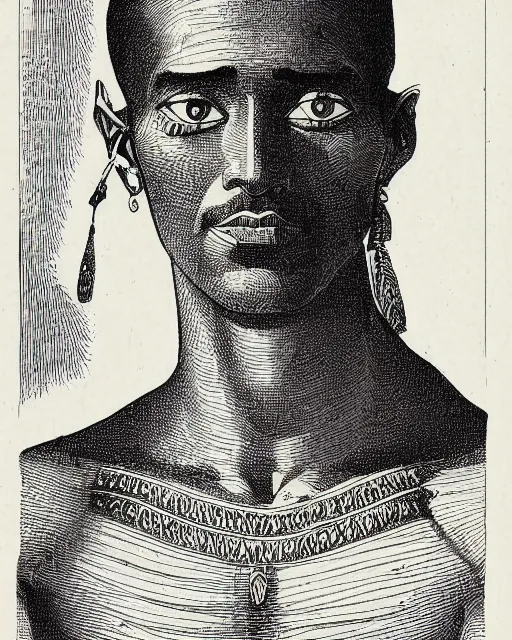 Prompt: 19th century wood-engraving of a clean shaven Egyptian man named Muhammad Avdol, whole page illustration from Jules Verne book titled Stardust Crusaders, art by Édouard Riou Jules Férat and Henri de Montaut, frontal portrait, high quality, beautiful, highly detailed, removed watermarks