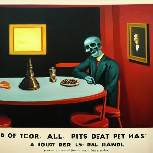 Image similar to a 1 9 5 0 ad for a diner with a portrait painting of a man with a skull as his head is sitting alone on a table, in the style of edward hopper, 4 k,