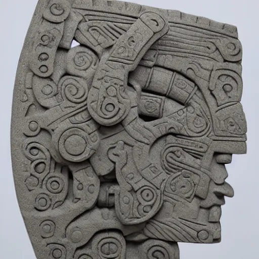 Prompt: intricate stone sculpture of mecha mayan abstract styles, horizontal design, large interconnecting curved lines