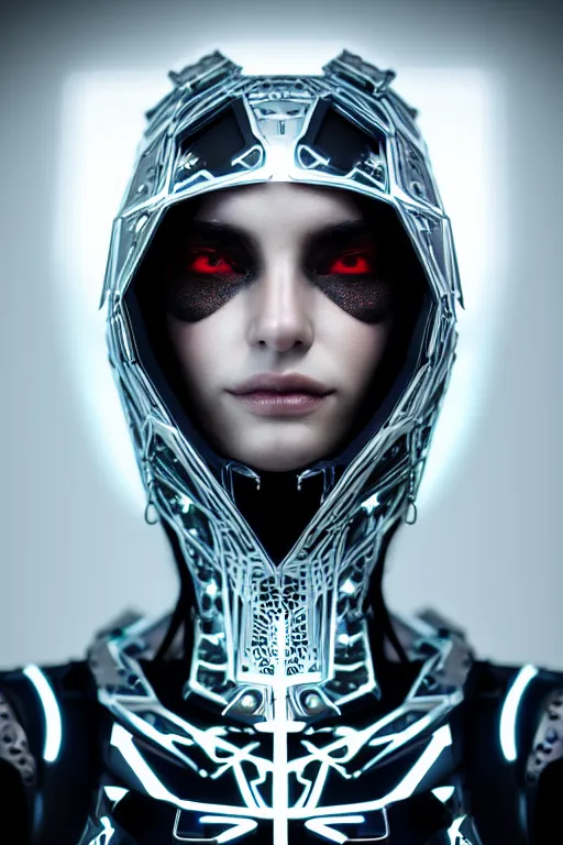 Prompt: beautifull cyberpunk woman model, wearing organic ceramic fractal armor, luxury materials, symmetrical, cinematic, elegant, professional studio light, real dlsr photography, sharp focus, 4 k, ultra hd, sense of awe, high fashion