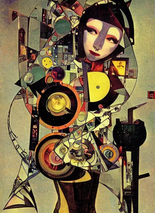 Image similar to cute punk goth fashion fractal alien martian girl with a television head wearing kimono made of circuits and leds, surreal Dada collage by Man Ray Kurt Schwitters Hannah Höch Alphonse Mucha