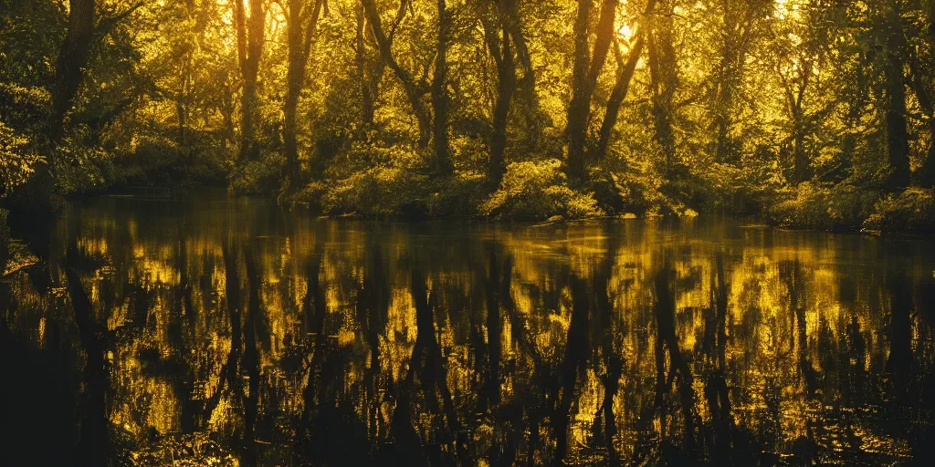 Image similar to a river in a forest, golden hour, ray tracing reflection, 8k, hyper realistic, elegant, highly detailed, ornate, beautifully lit, ray traced, octane render