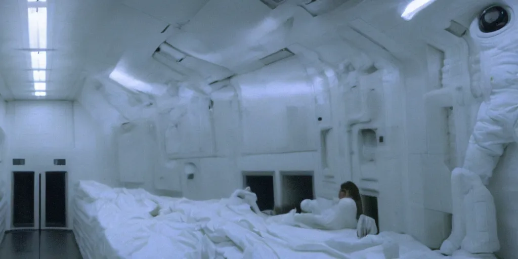 Image similar to a wide shot of Ripley sleeping inside an all-white room of cryogenic sleep chambers by Ridley Scott, Alien movie, grainy, bluish and cream tones