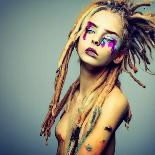 Image similar to astonishingly beautiful woman in tattered clothes revealing body, blonde dreadlocks, make up, vivid colors