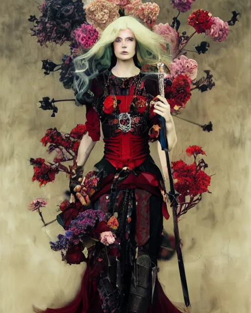 Prompt: portrait of a medieval warrior scarlet woman, goth punk, floral flowers, rainbow colors, surreal, a flemish baroque by alexander mcqueen, art by john collier by greg rutkowski and craig mullins, oil on canvas