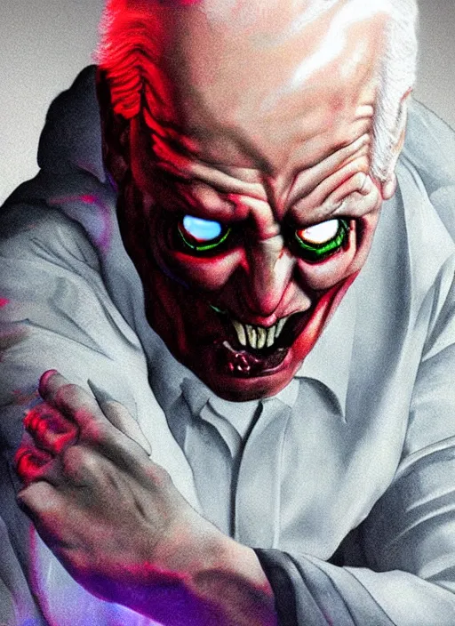 Prompt: hyper realistic photo Doom angry wrathful furious glowing red eyes biden
