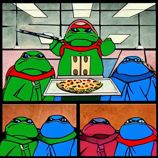 Prompt: ninja turtles last supper, pizza everywhere, painterly