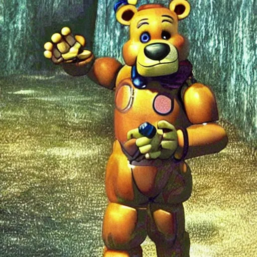 Image similar to movie still of freddy fazbear, from matrix ( 1 9 9 9 )