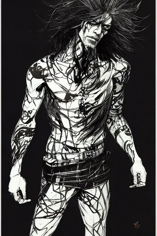 Prompt: full body portrait of nick cave, concept art, sumi - e style, intricate linework, artstation, trending, highly detailed, smooth, focus, art by yoji shinkawa and glenn fabry,