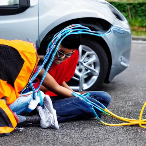 Image similar to a car battery hits a person with electricity.