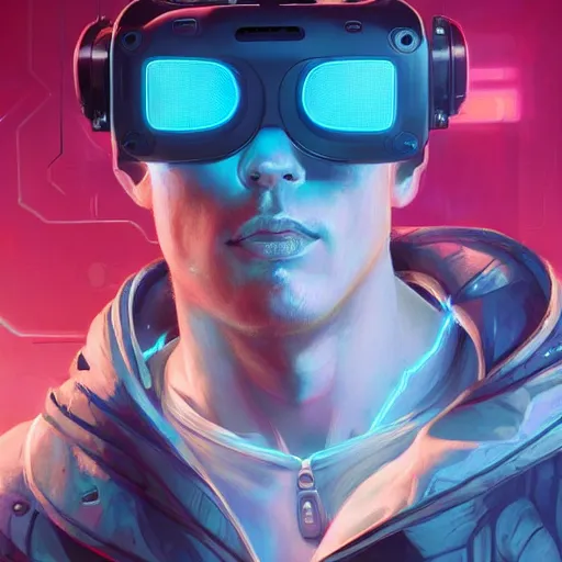 Prompt: portrait of a beautiful cybernetic male wearing a oculus rift headset, cyberpunk concept art by pete mohrbacher and artgerm and wlop and deathburger and syd mead, digital art, highly detailed, intricate, sci-fi, neon colors, sharp focus, Trending on Artstation HQ, deviantart, unreal engine 5, 4K UHD image