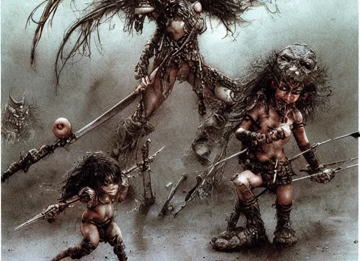 Image similar to bald barbarian girl fighting small cute goblins by Luis Royo and Beksinski