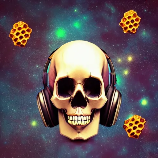 Image similar to skull with honeycomb head wearing headphones, cosmic horror, d&d, technology and magic, high resolution, intricate detail,