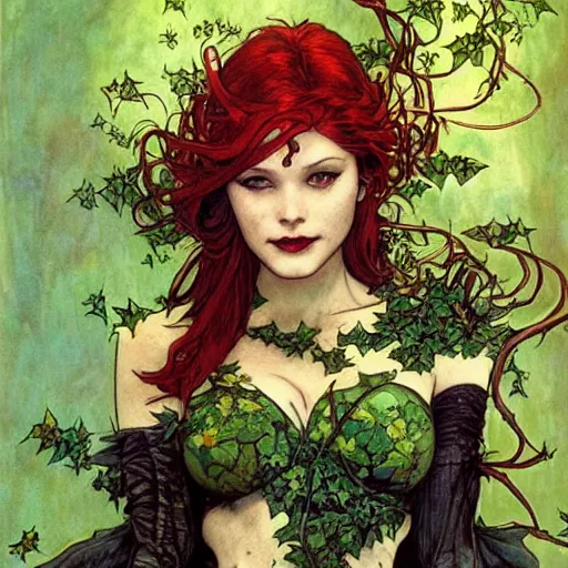 Prompt: a beautiful painting of poison ivy as a cyberpunk time traveler, dark eyeliner, intricate, elegant, highly detailed, digital painting, artstation, concept art, matte, sharp focus, illustration, art by rebecca guay and by arthur rackham and by alphonse mucha and by john william waterhouse