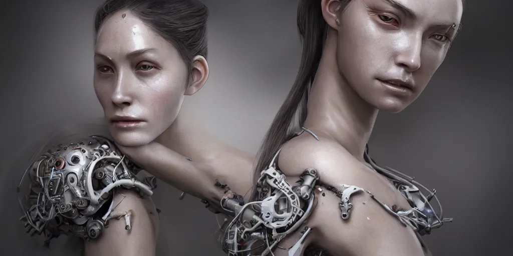 Image similar to hyper realistic photography of a beautiful cyborg female, intimate holding close, in the style of beth cavener, jin kagetsu, wlop, westworld opening scene, highly detailed, intricate filigree, symmetry, masterpiece, concept art, highkey lighting, ambient lighting, octane render, 8 k, artstation