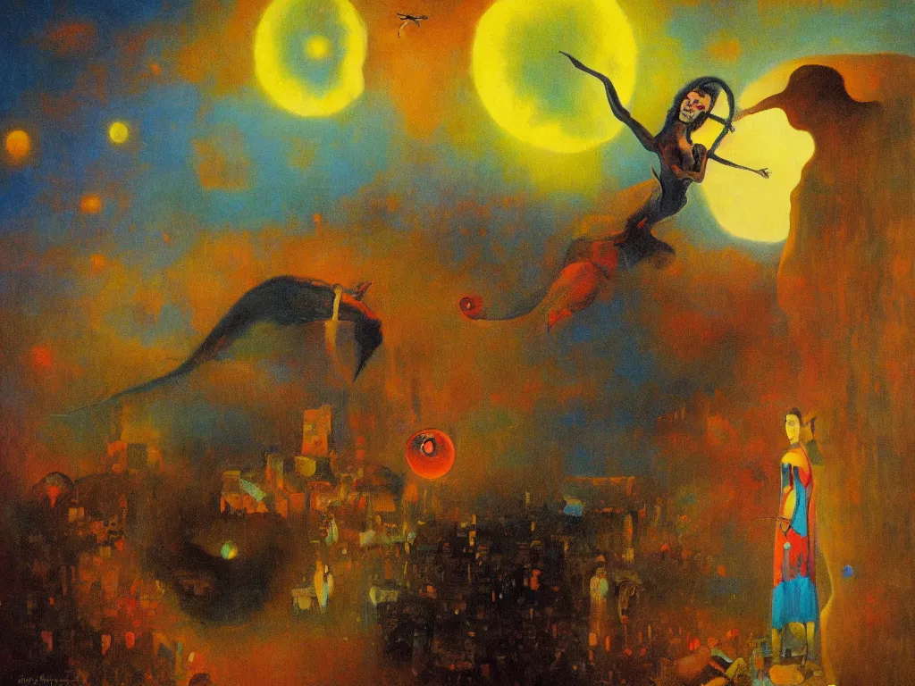 Prompt: bright dramatic lighting colorful surrealist oil painting titled'mama here comes midnight with the dead moon in its jaws must be the big star about to fall ', magical realism symbolist, ruined city landscape with hybrid animal protagonist, painted by salvador dali and odilon redon and max ernst, shocking detail trending on artstation 8 k