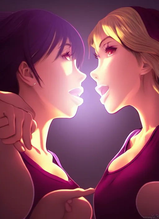 Prompt: two beautiful mothers taunting each other, gorgeous faces, smooth, cinematic lighting, detailed anime art