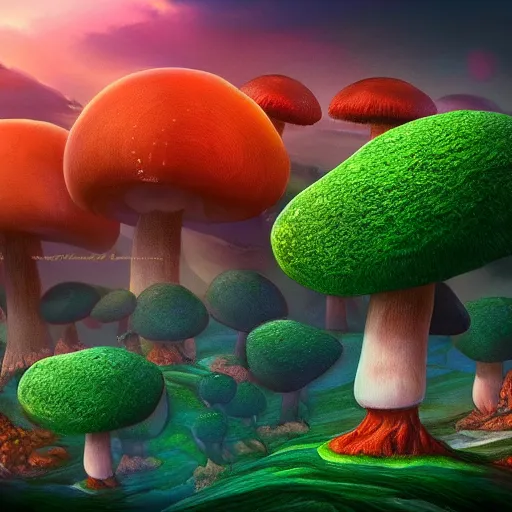 Image similar to the mushroom kingdom, photorealistic, landscape, cinematic, beautiful, colorful