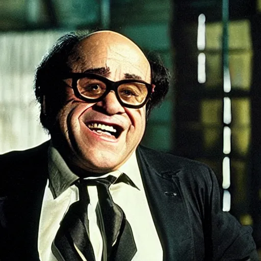 Prompt: Movie still of Danny Devito playing the role of Batman in the movie the batman