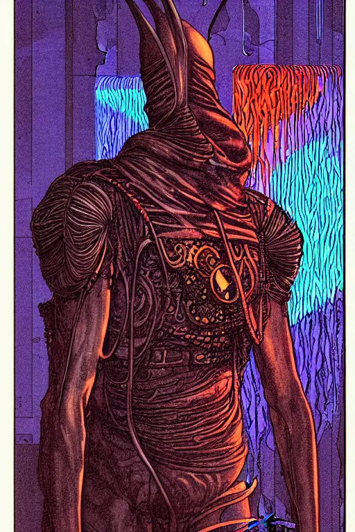 Prompt: portrait of black and psychedelic grainshading tarot card print of the enemy by moebius, wayne barlowe, cyberpunk comic cover art, very intricate, thick outlines