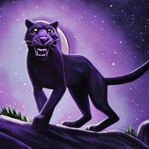 Image similar to closeup of a purple panther roaring at the moon in the forest. night. large moon in the center. cinematic. oil painting. concept art.