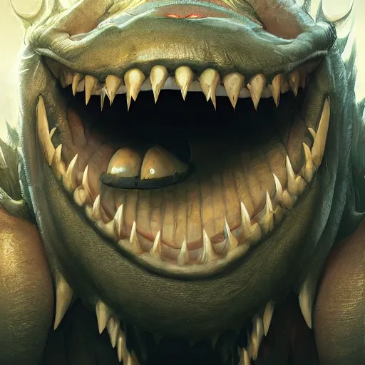 Prompt: logo of a monster with a very toothy smile, 8 k, shallow depth of field, greg rutkowski, moody lighting, ultra high detail, concept art,