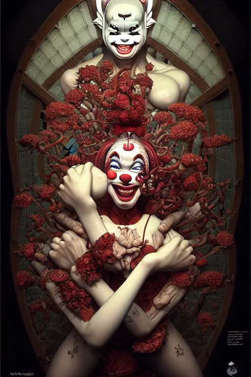 Image similar to 🔞🤡, dynamic lighting, perfect shape, 8 0 0 mm, unreal, depth detailed, intricate, symmetrical, fine details by bambang nurdianshyah, garis edelweiss, roby dwi antono and ayami kojima, takato yamamoto, barclay shaw, karol bak, yukito kishiro, norman rockwell, arstation, trending