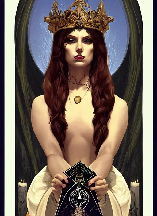 Image similar to tarot!!, high priestess, no noise, elegant, concept art, sharp focus, beautiful face!!, digital art, smooth defined outlines!!, human anatomy, human structure, vector background, dark fantasy, by Brom, trending on Artstation, Tom Bagshaw, Sargent